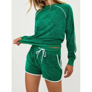 Beach Riot Revolve Short Set Women's Small Green Velour Rynn Shorts Greer Top
